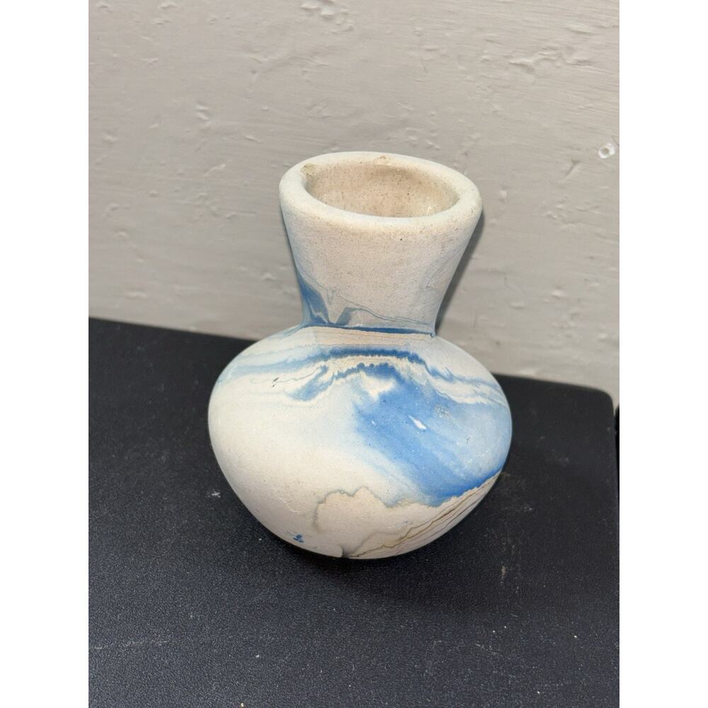 Nemadji Mini Vase Marbleized Beige Blue Brow Vtg Pottery Swirled Southwestern